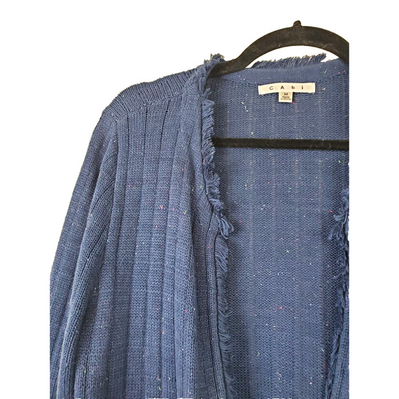 Cabi Womens Medium Navy Blue Speckled Duchess Cardigan Long Fringe Hems Pockets - Picture 3 of 11
